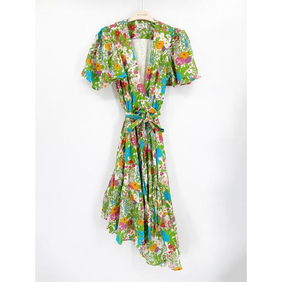 Mille Helena Asymmetric Floral Print Cotton Tie Waist V-Neck Midi Dress Size L - Picture 3 of 7